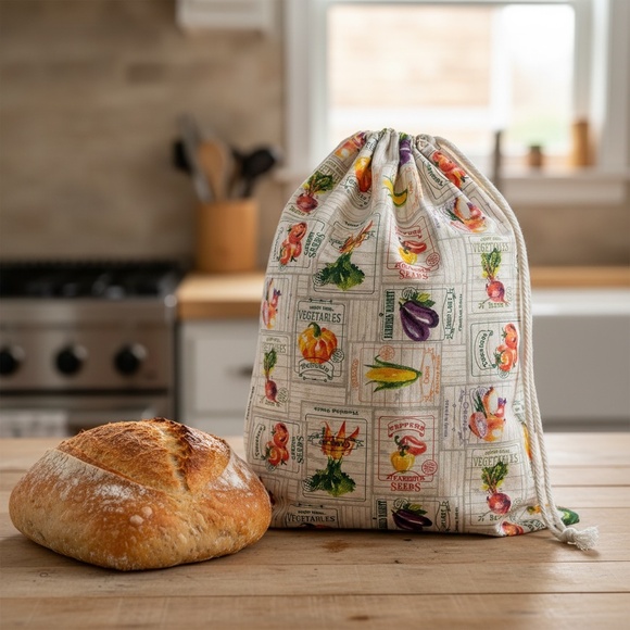 Handmade Other - Vegetable Print Cotton Bread Bag, Reusable Bread Storage Bag, Fresh Bread Keeper